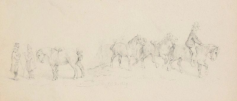 Jean Baptiste BERGER de XIVREY (actif en France au XIXe siècle)
Cavaliers, chevaux et promeneurs Crayon noir 10 x 23,5 cm Monogrammé et daté en bas J. B. X 1829 