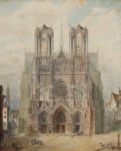Attribué à François Etienne VILLERET (1800 - 1866)
Vue de la cathédrale de Reims Plume et encre noire et grise, aquarelle 54 x 43,5 cm