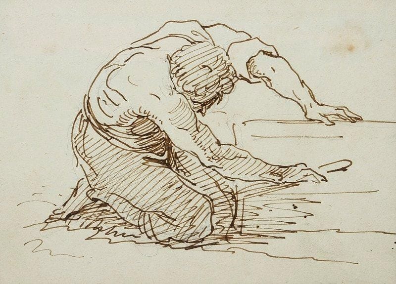 Ecole française du XIXe siècle
Homme accroupi Plume et encre brune sur traits au crayon noir 12 x 16,5 cm