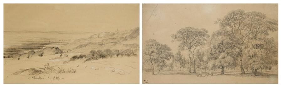 Ecole française en 1891
Paysage de dunes Crayon noir 17 x 28,5 cm Situé et daté en bas à gauche A Villerville 30... 1891 Ecole française vers 1840 Paysage Crayon noir 24 x 38 cm Porte en bas à gauche un cachet de collection illisible