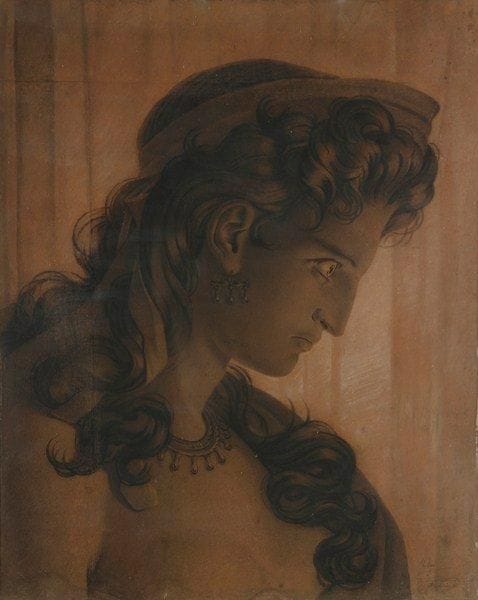 Antoine Julien POTIER (1796-1865) d'après Pierre GUERIN
Etude pour la tête de Clytemnestre Dessin au fusain et à l'estompe. Signé et titré en bas à droite. 67 x 53,5 cm D'après le tableau de 1817 de Pierre Narcisse GUERIN Clytemnestre hésitant à frapper Agamemnon endormi. Lot présenté par Gérard Auguier, expert, 51, rue de Bellechasse - 75007 Paris Tél.: 01 42 60 49 29 