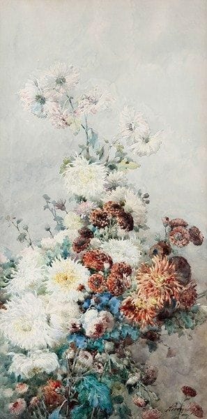François RIVOIRE (1842-1819)
Fleurs, dahlias, bleuets... Aquarelle. Signée en bas à droite. 78 x 40 cm