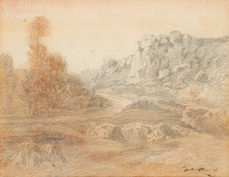 François-Auguste RAVIER (1814-1895)
Paysages rocheux Dessin au crayon noir rehaussé de lavis et de crayon de couleur. Porte le timbre de la signature en bas à droite. 22 x 28 cm