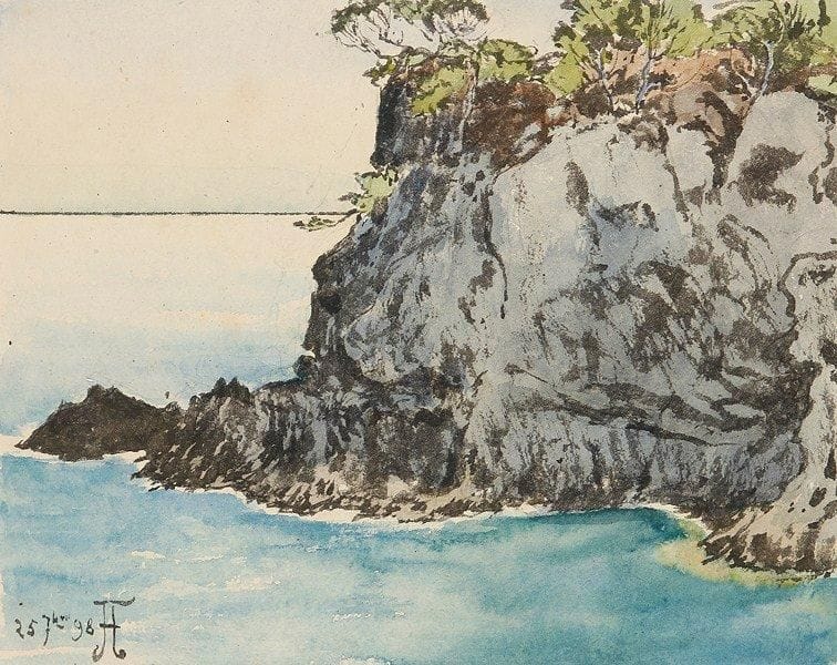 Jean-François AUBURTIN (1866-1930)
Porquerolles, la pointe, 1898 Aquarelle et lavis d'encre. Signé du monogramme et daté 25 7bre 98 en bas à gauche. 20 x 25 cm Provenance: atelier de l'artiste. Resté dans sa descendance.