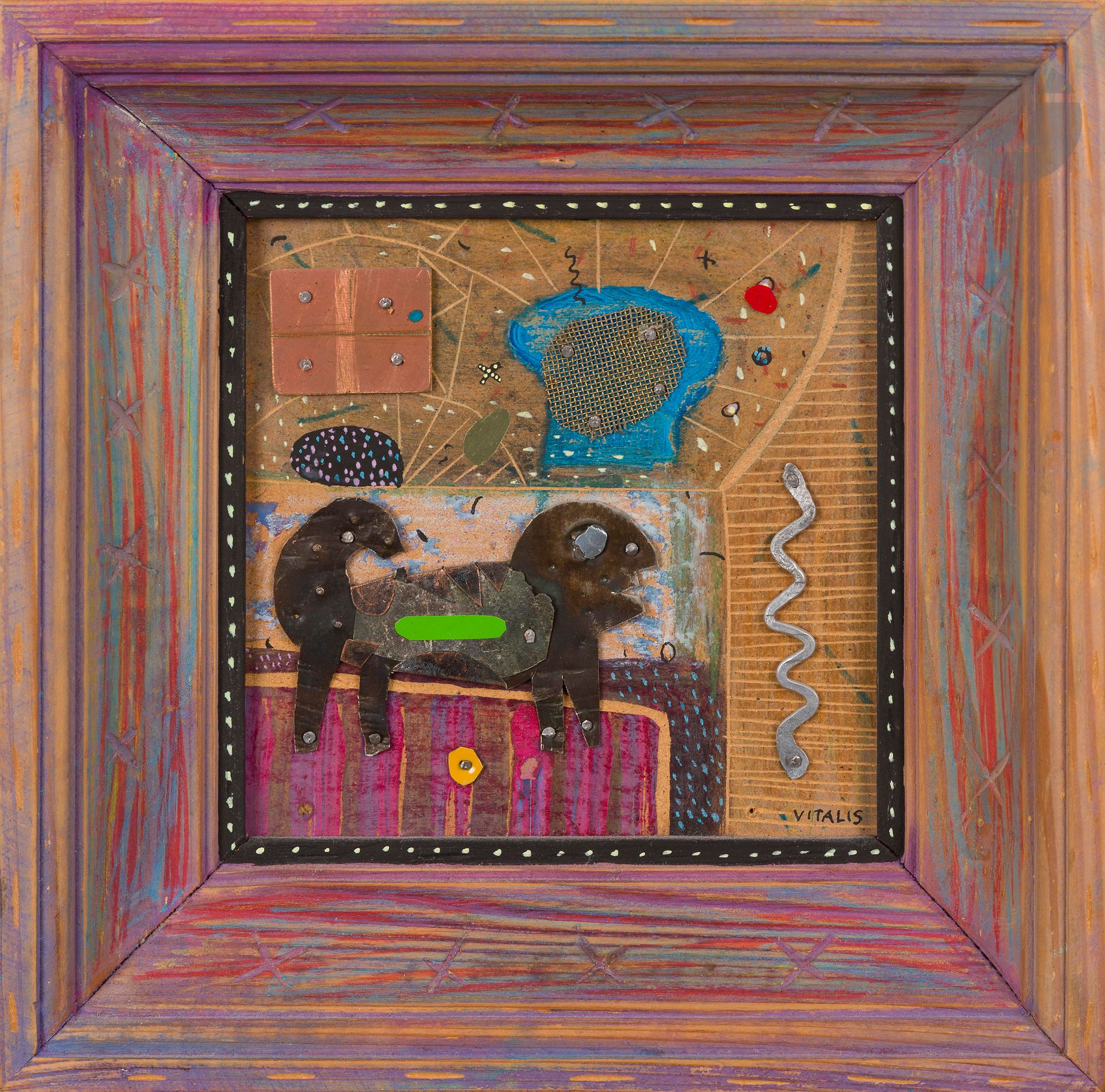 Vitalijus CEPKAUSKAS dit VITALIS [lituanien] (né en 1964)
Composition, 1995
Technique mixte sur carton encadré et peint.
Signée en bas à droite.
Signée et datée au dos.
15 x 15 cm