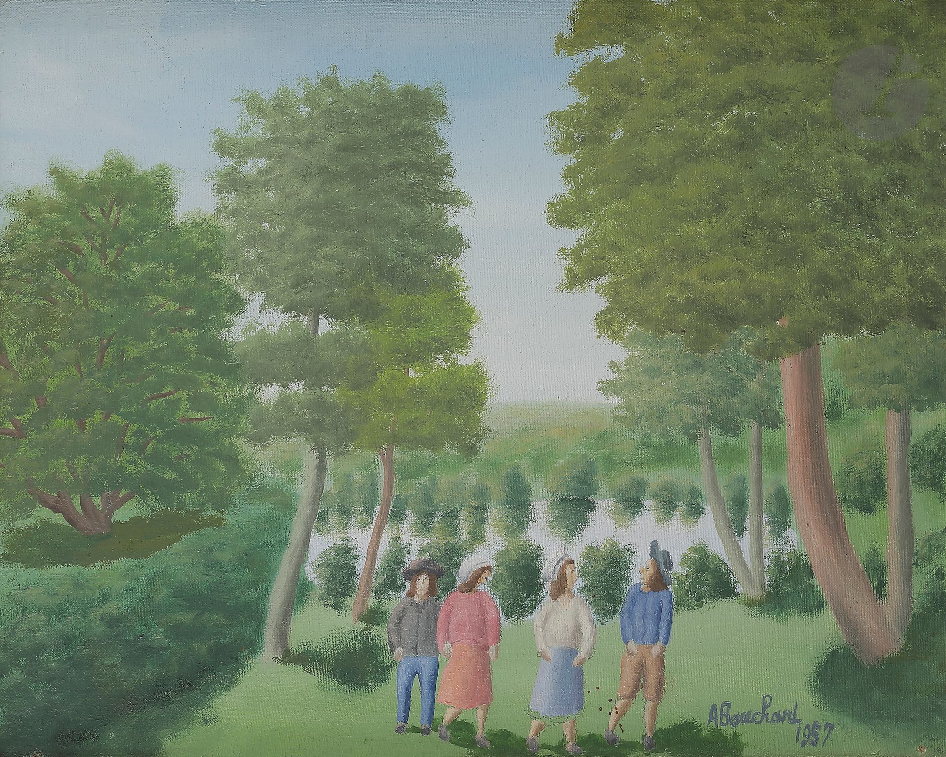 André BAUCHANT (1873-1958)
Les Villageois au bord de l’étang, 1957
Huile sur toile montée sur panneau.
Signée et datée en bas à droite.
46 x 55 cm