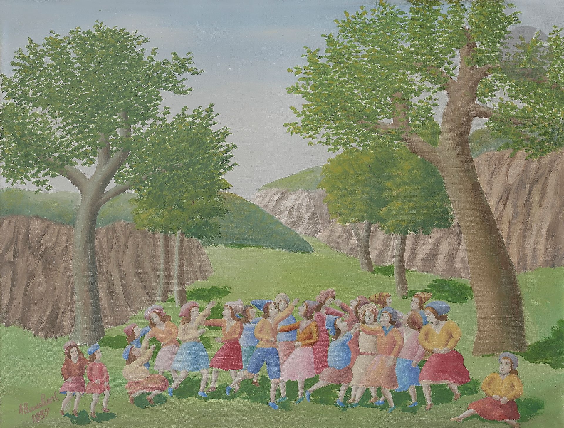 
André BAUCHANT (1873-1958)



La Ronde des villageois, 1957



Huile sur toile.



Signée et datée en bas à gauche.



(Deux petits manques sur le bord inférieur de la toile).



50 x 65 cm
