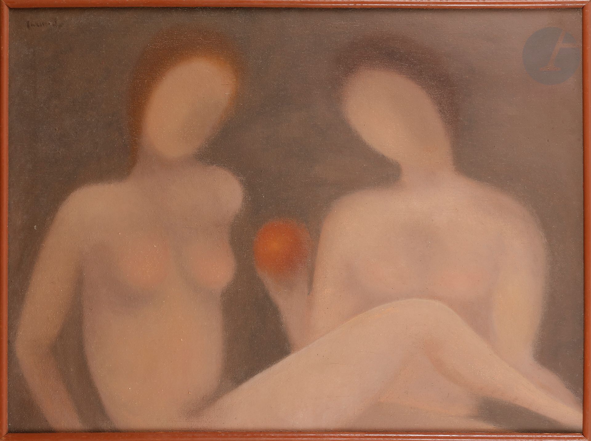 Louis CARMEIL (1920-1999)
Les Deux amies à la pomme
Huile sur toile.
Signée en haut à gauche.
Monogrammée au dos.
54 x 73 cm