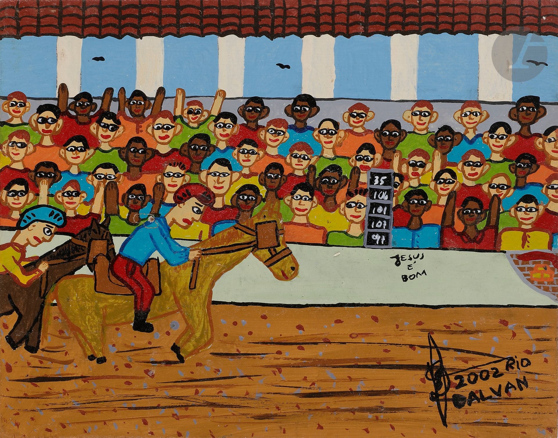 Dalvan da Silva Filho dit DALVAN [brésilien] (né en 1966)
Jockey club, 2002
Acrylique sur isorel.
Signée et datée en bas à droite.
Titrée au dos.
(Petit manque).
19 x 24 cm

Provenance : 
Collection Lucien et Jacqueline Finkelstein.

Exposition : 
Museu Internacional de Arte Naïf do Brasil, Rio de Janeiro (étiquette au dos).
