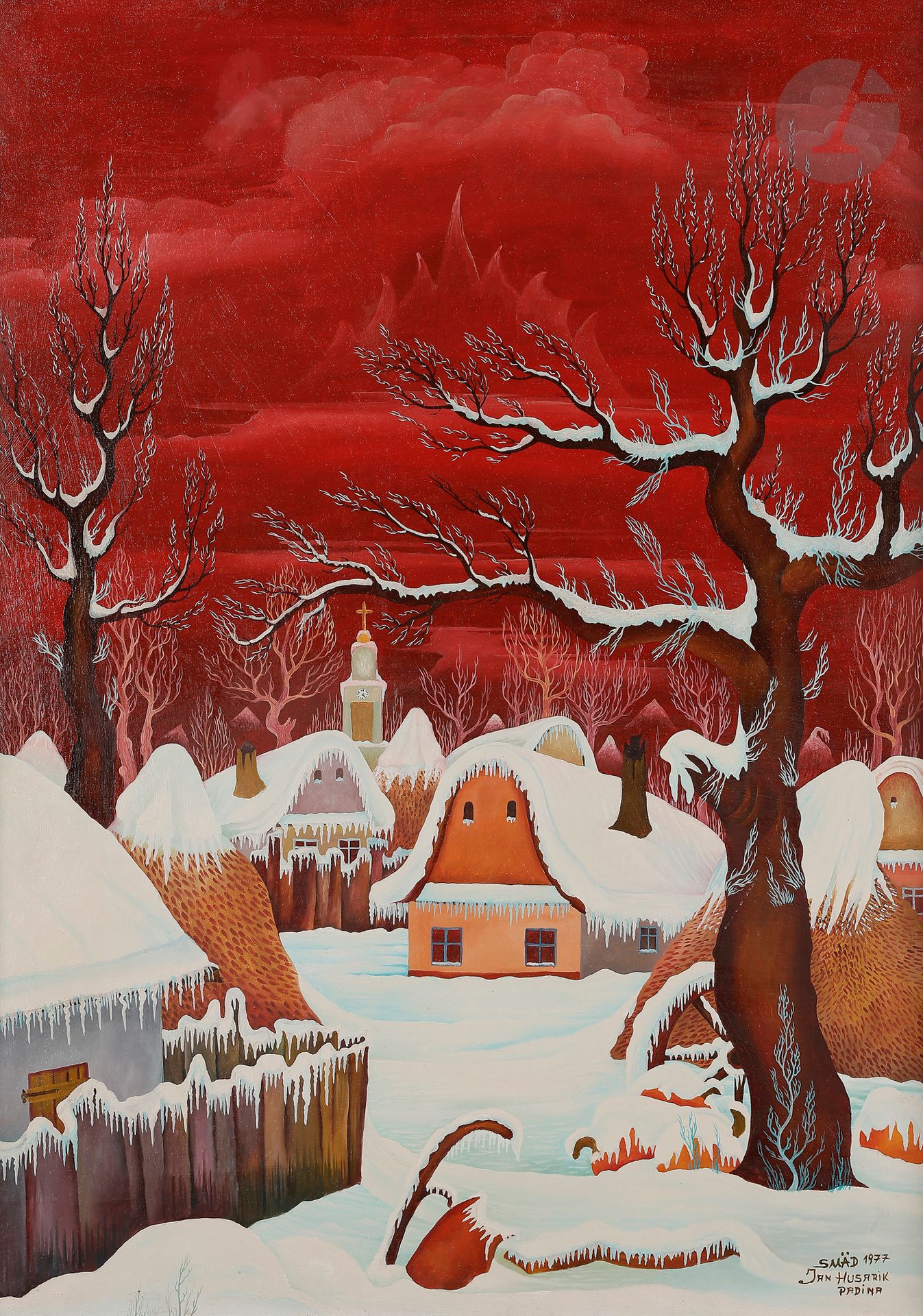 Jan HUSARIK (born 1942) The
Hamlet under the Snow, 1977Oil
on canvas.
Signed and dated lower right.
70 x 50 cm




