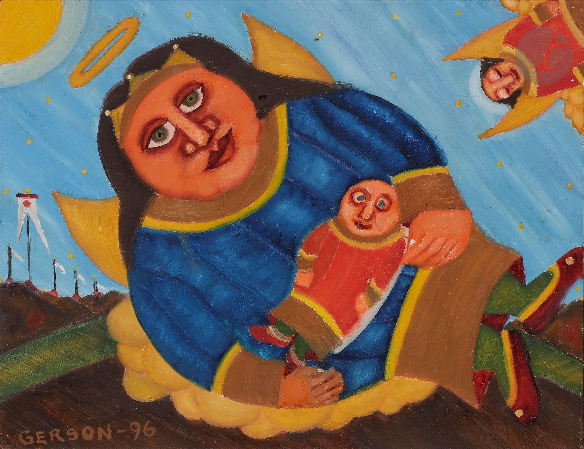 Gerson ALVES DE SOUZA [brésilien] (1926-2008)
Pureza no Sideral, 1996
Huile sur isorel.
Signée et datée en bas à gauche.
Signée, datée, titrée et numérotée « 972 » au dos.
19 x 24 cm

Provenance : 
Collection Lucien et Jacqueline Finkelstein.

Exposition :
Museu Internacional de Arte Naïf do Brasil, Rio de Janeiro (étiquette au dos).