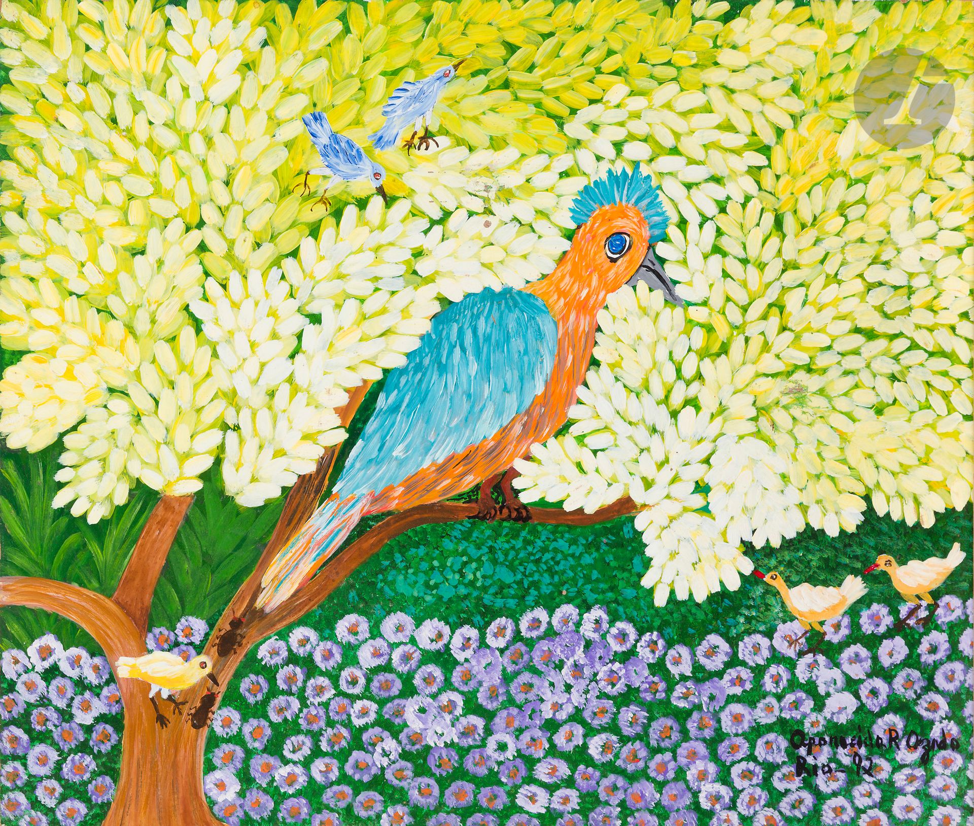 Aparecida AZEDO [brésilienne] (1929-2006)
L’Oiseau, 1992
Huile sur isorel.
Signée, datée et située « Rio » en bas à droite.
45 x 55 cm

Provenance : 
Collection Lucien et Jacqueline Finkelstein.