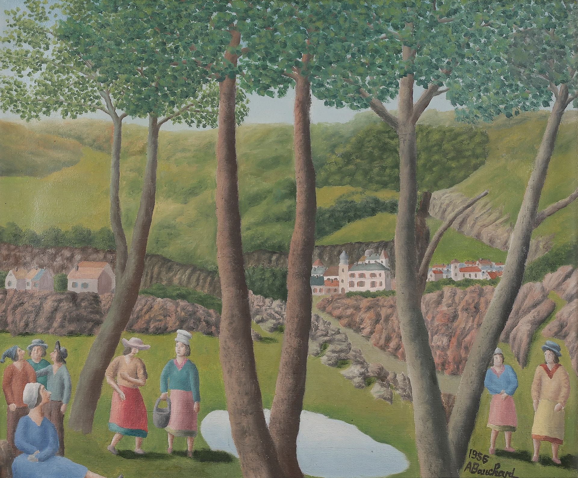 André BAUCHANT (1873-1958)
Les Villageois en lisière de forêt, 1956
Huile sur toile.
Signée et datée en bas à droite.
54 x 65 cm