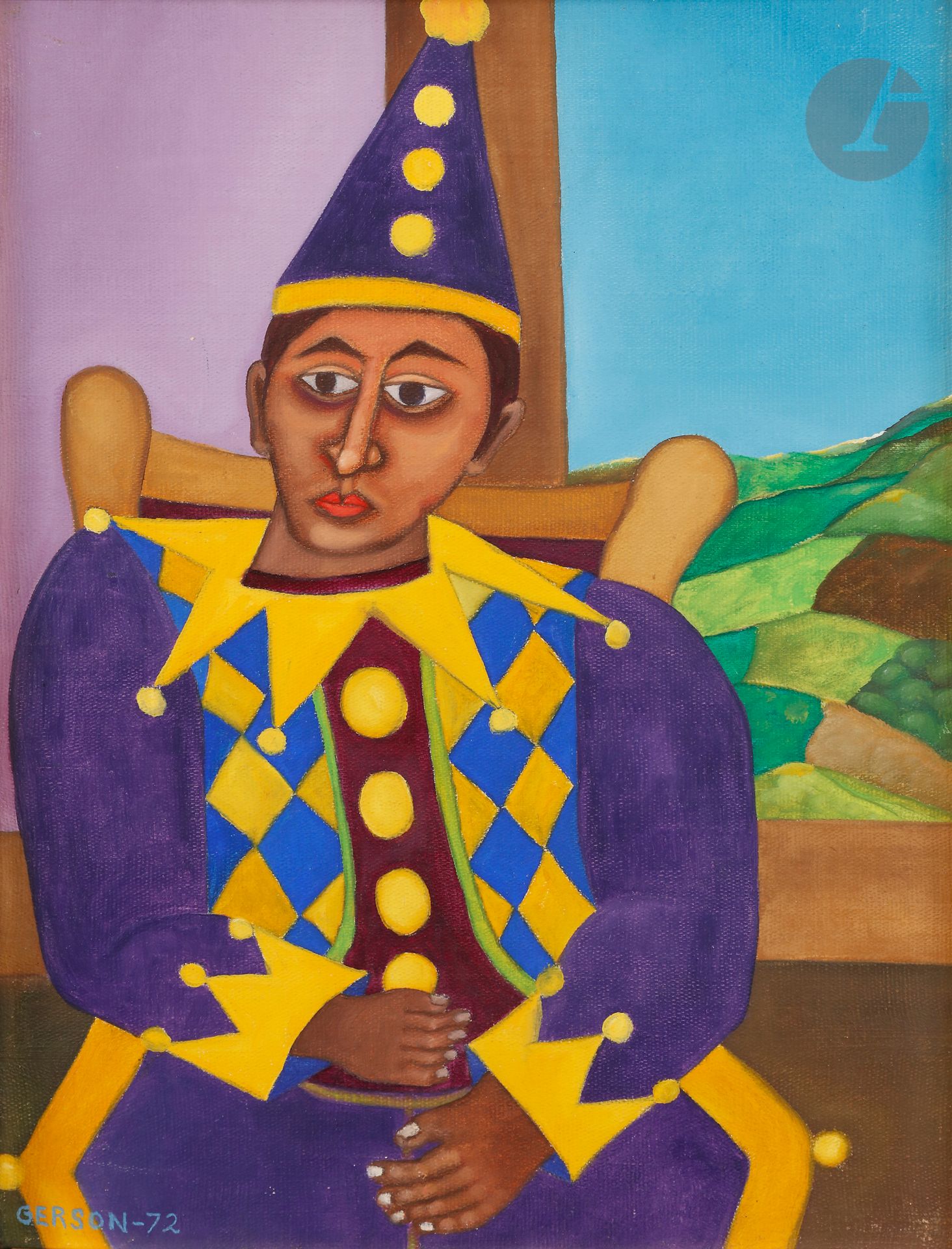 Gerson ALVES DE SOUZA [brésilien] (1926-2008)
Pierrot em azul, 1972
Huile sur toile.
Signée et datée en bas à gauche.
Signée, datée et titrée au dos.
33 x 24 cm

Provenance : 
Collection Lucien et Jacqueline Finkelstein.