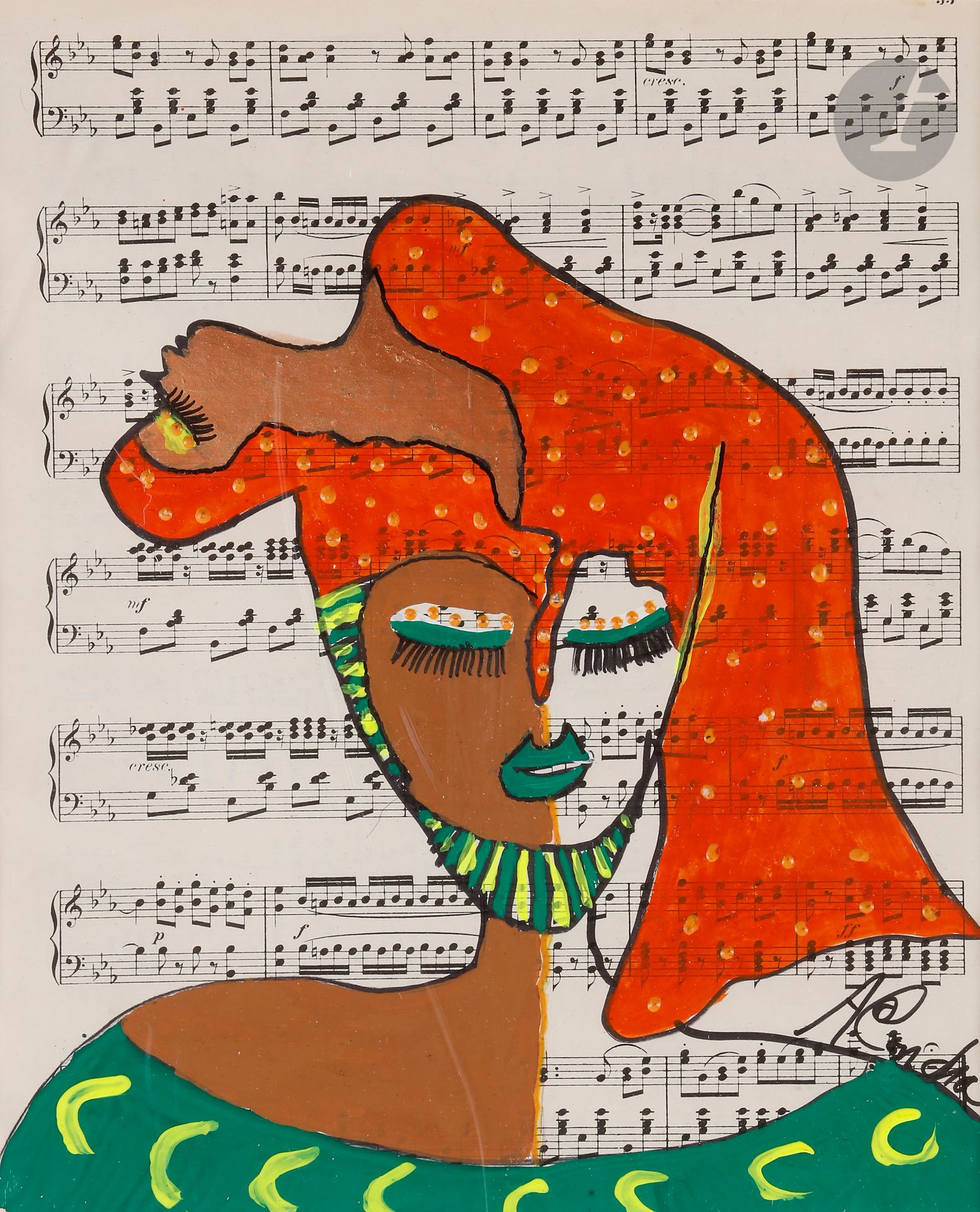 ACONCHA [cubaine] (née en 1946)
Portrait de cubaine
Gouache sur partition.
Signée en bas à droite.
24,5 x 19,5 cm