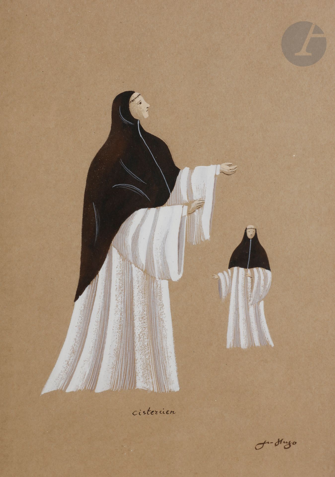 Jean HUGO (1894-1984)
Cistercien - Costume pour le film « La Passion de Jeanne d’Arc » de Dreyer
Gouache.
Signée et titrée.
31 x 24 cm