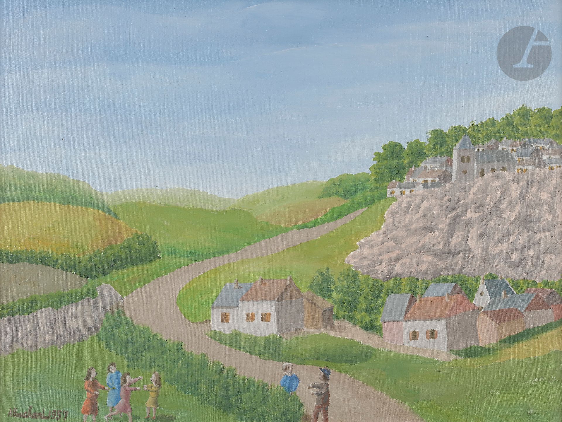 André BAUCHANT (1873-1958)
Les Villageois en bas du village, 1957
Huile sur toile montée sur panneau.
Signée et datée en bas à gauche.
52 x 69 cm