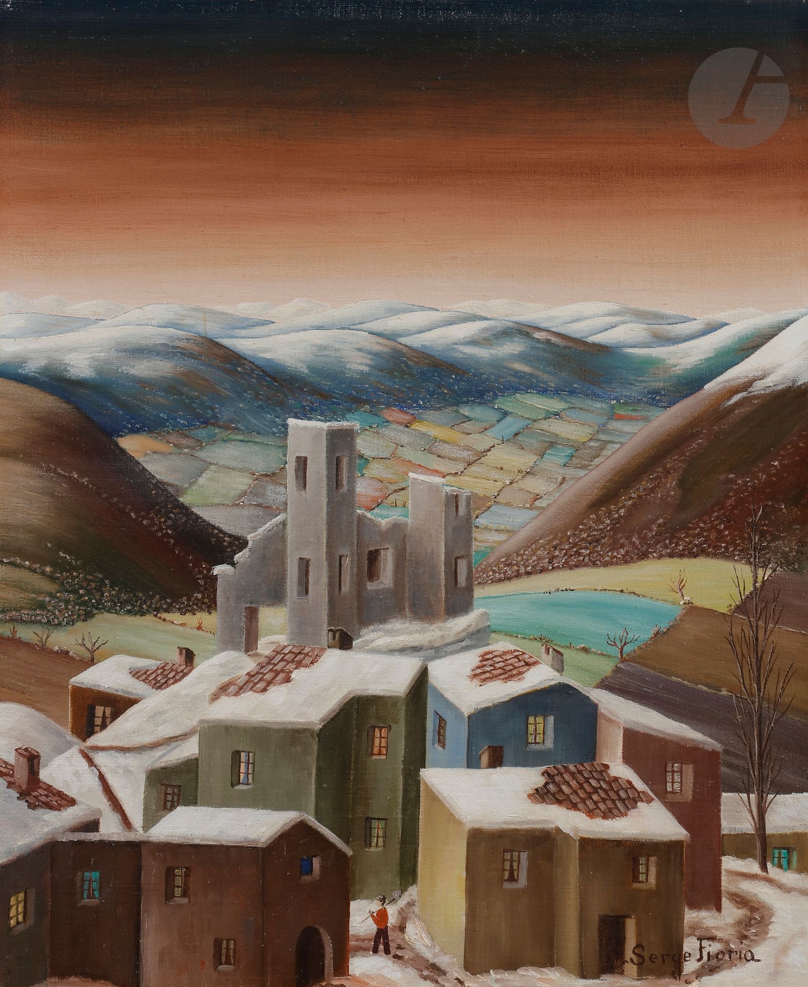 Serge FIORIO (1911-2011)
Monjustin, le village en hiver
Huile sur toile.
Signée en bas à droite.
41 x 33,5 cm

«  Dans les années 80, l’arrivée tout en douceur dans son œuvre de la première neige fondante a aussitôt été fort inspirante pour Serge Fiorio, « grand disciple du paysage » selon son ami le poète Jean Mogin ; « pensez un peu : arriver à faire jouer, dialoguer, confronter ou bien opposer le blanc - qui est silence en peinture - en ses diverses qualités et nuances avec la plupart des autres couleurs, quel épatant défi pour le peintre musicien devant de telles possibles symphonies concertantes à soutenir absolument de compositions adéquates !  ». André Lombard, janvier 2022.