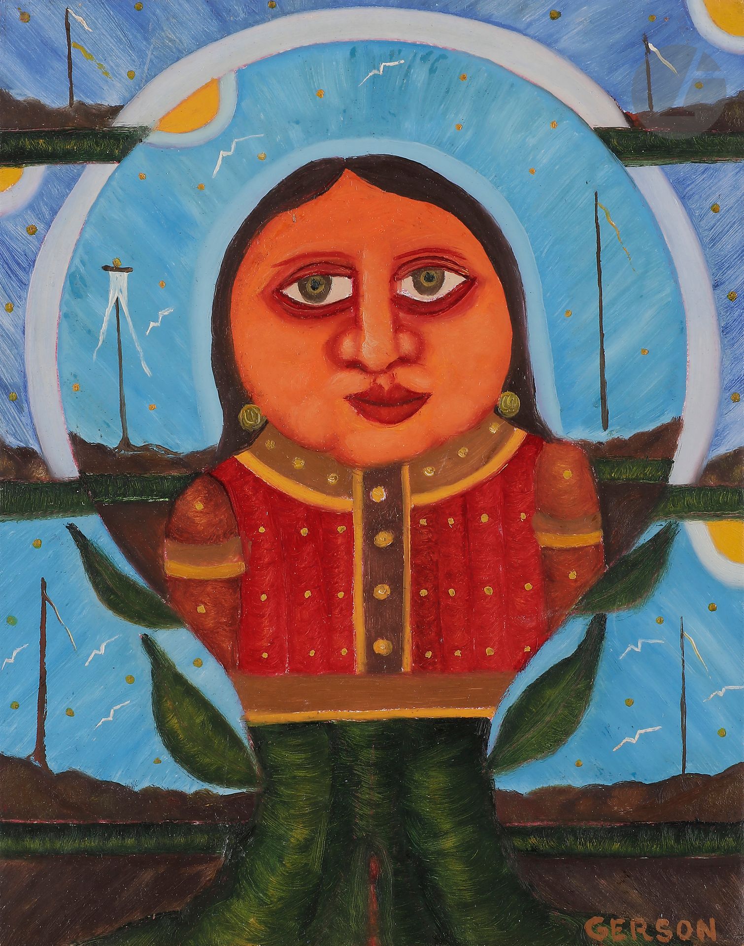 Gerson ALVES DE SOUZA [brésilien] (1926-2008)
Tia, 1996
Huile sur isorel.
Signée en bas à droite.
Signée, datée, titrée et numérotée « 989 » au dos.
19 x 24 cm

Provenance : 
Collection Lucien et Jacqueline Finkelstein.

Exposition :
Museu Internacional de Arte Naïf do Brasil, Rio de Janeiro (étiquette au dos).