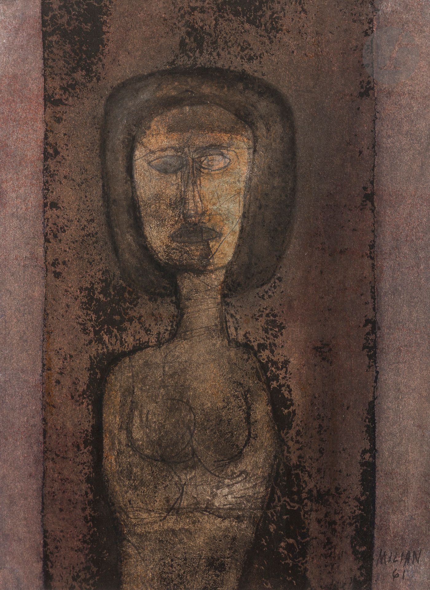 Raúl MILIAN [cubain] (1914-1984)
Femme en buste, 1961
Technique mixte sur papier.
Signée et datée en bas à droite.
36,5 x 26,5 cm