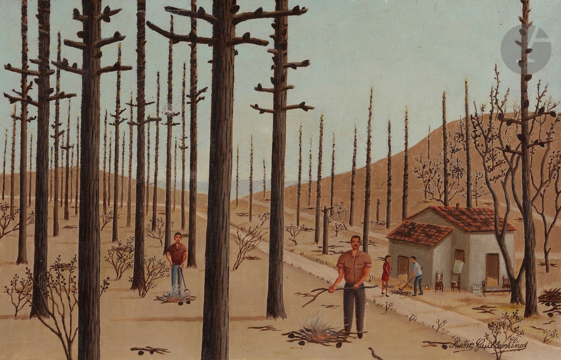 René GUILLEMINOT (1900-1975)
Après l’incendie, Côte d’Azur, 1947
Huile sur toile.
Signée en bas à droite.
Datée et titrée au dos sur une étiquette.
27 x 41 cm