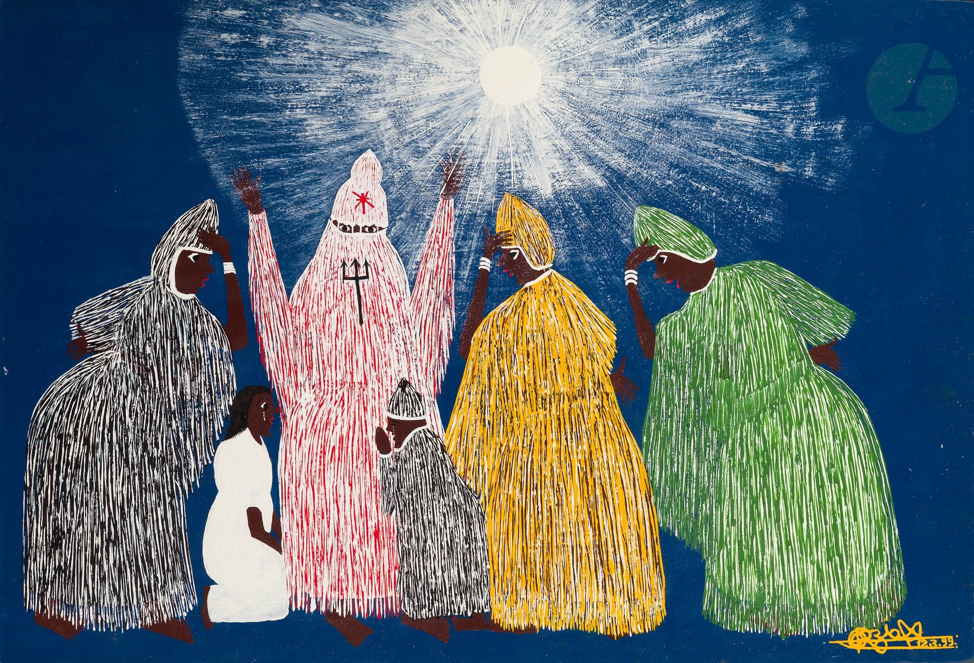 Odoteres Ricardo de OZIAS [brésilien] (1940-2011)
Os Orixas, 1999
Acrylique sur isorel.
Signée et datée en bas à droite.
40 x 60 cm

Provenance : 
Collection Lucien et Jacqueline Finkelstein.

Exposition : 
Museu Internacional de Arte Naïf do Brasil, Rio de Janeiro (étiquette au dos).