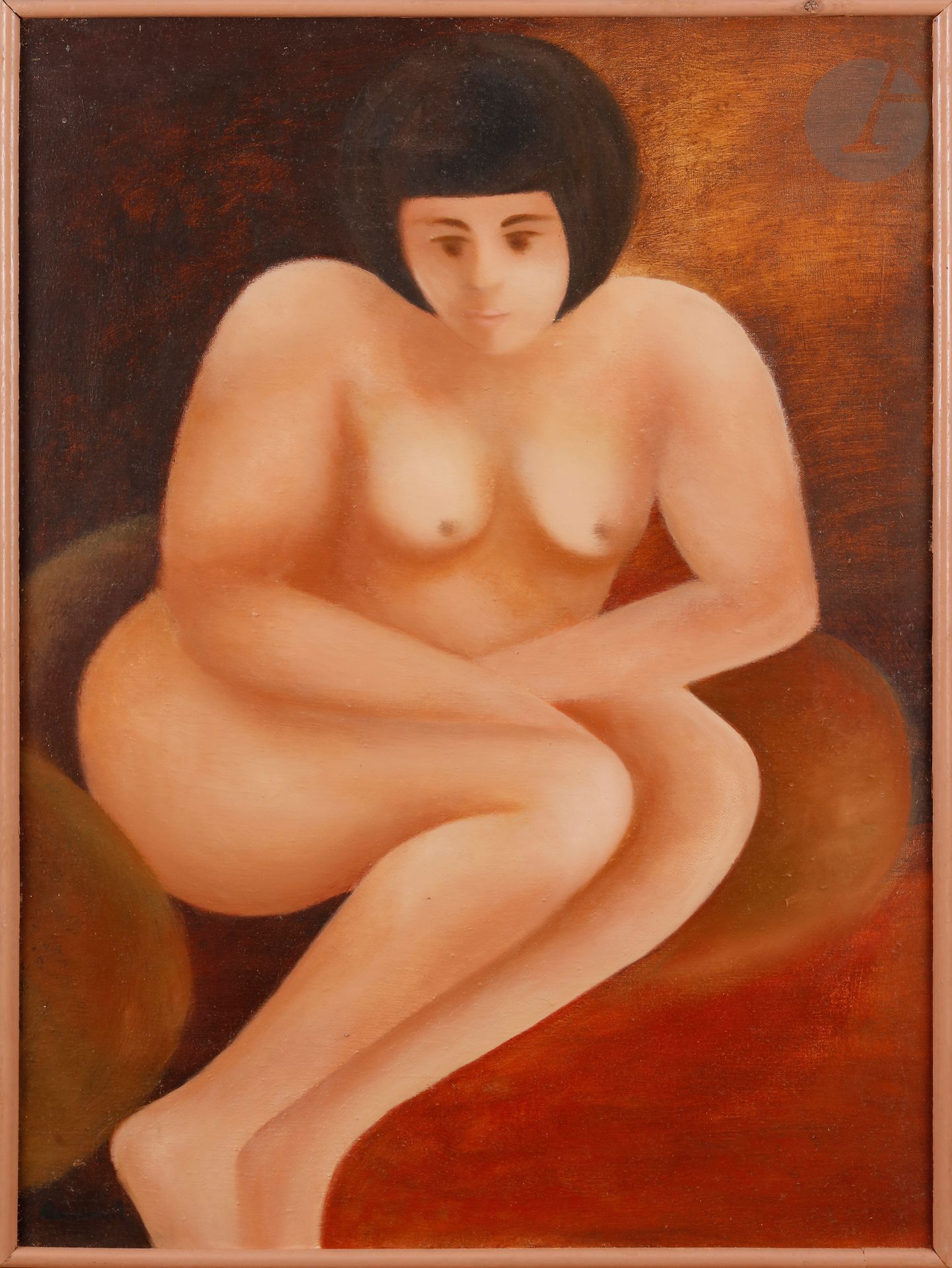 Louis CARMEIL (1920-1999)
Nu au fauteuil
Huile sur toile.
Signée en bas à gauche.
Monogrammée au dos.
73 x 54 cm