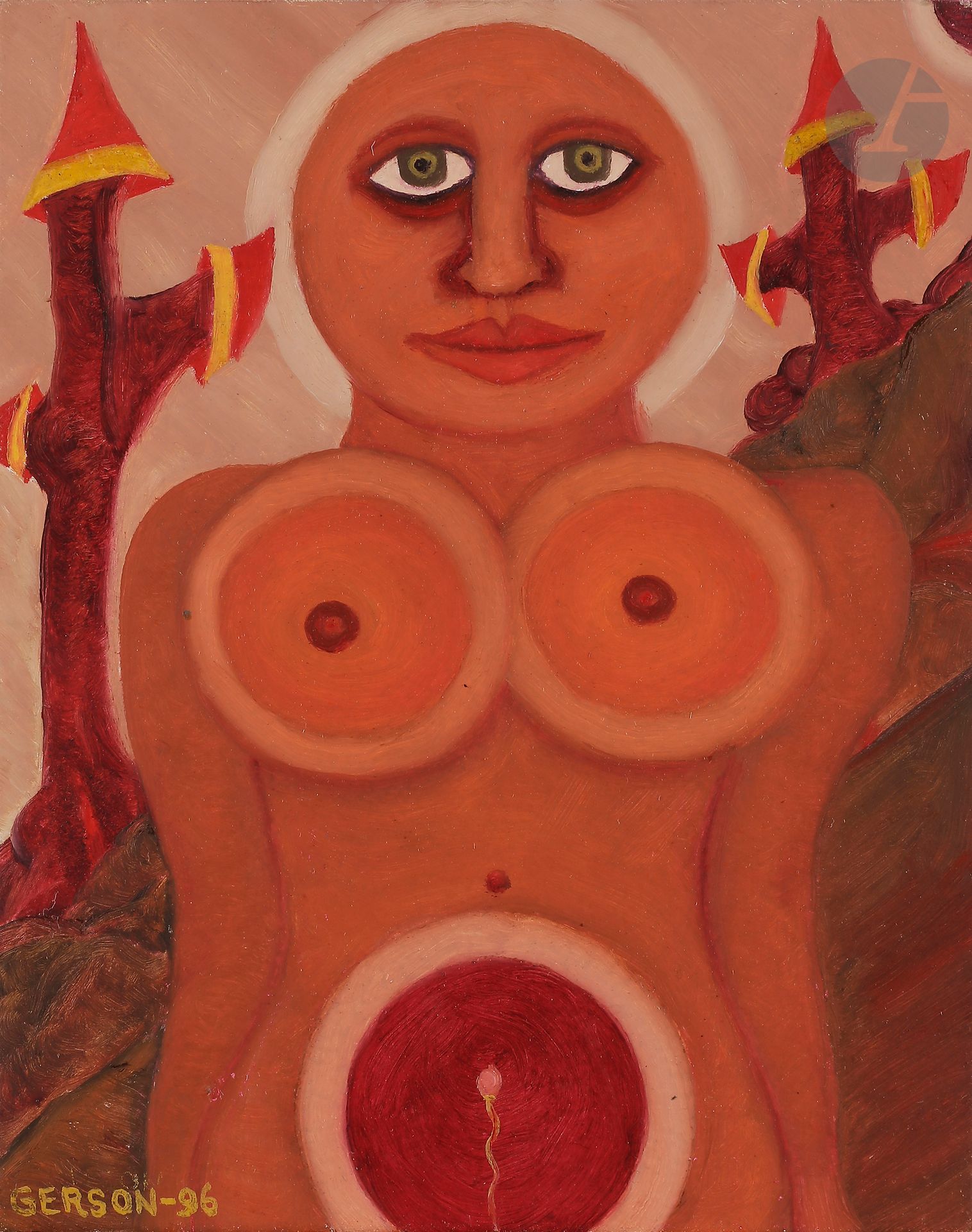 Gerson ALVES DE SOUZA [brésilien] (1926-2008)
Fémea, 1996
Huile sur isorel.
Signée et datée en bas à gauche.
Signée, datée, titrée et numérotée « 1009 » au dos.
24 x 19 cm

Provenance : 
Collection Lucien et Jacqueline Finkelstein.

Exposition :
Museu Internacional de Arte Naïf do Brasil, Rio de Janeiro (étiquette au dos).