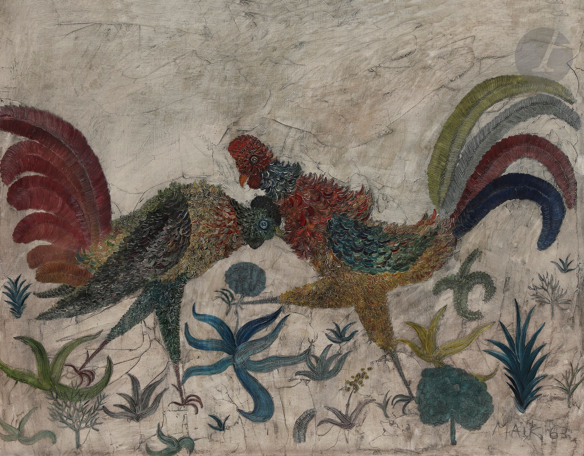 Henri Hecht MAÏK (1922-1993)
Combat de coqs, 1963
Huile sur toile.
Signée et datée en bas à droite.
Signée au dos.
73 x 92 cm