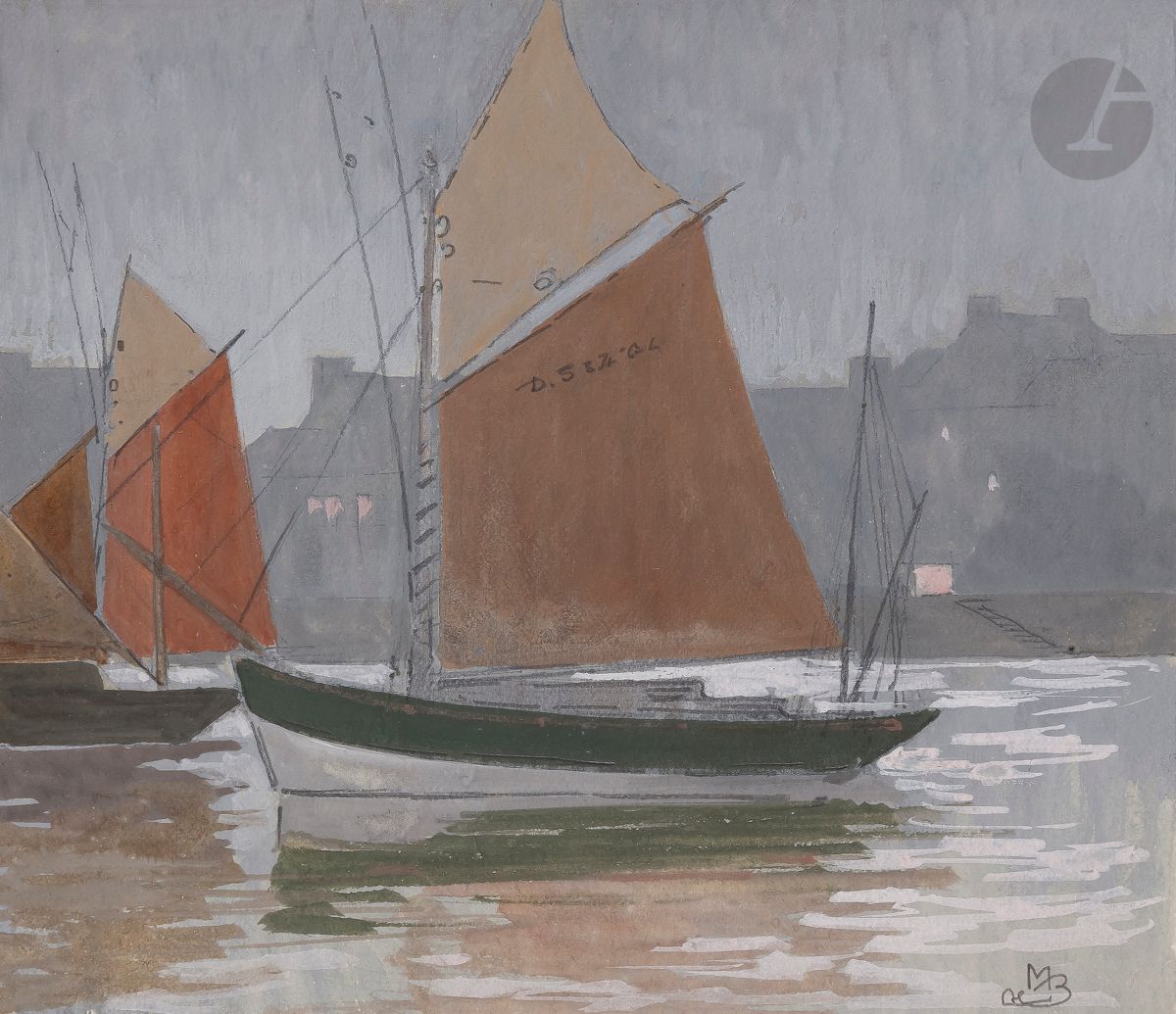 Maurice Jaubert de BECQUE (1878-1938)
Voiliers au port
Encre, aquarelle et rehauts de gouache.
Monogrammée en bas à droite.
12,5 x 14,5 cm
