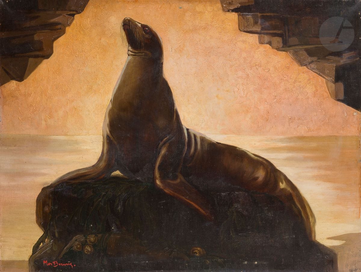 Maurice Jaubert de BECQUE (1878-1938)
Phoque au rocher
Huile sur toile.
Signée en bas à gauche.
(Infimes manques).
54 x 73 cm