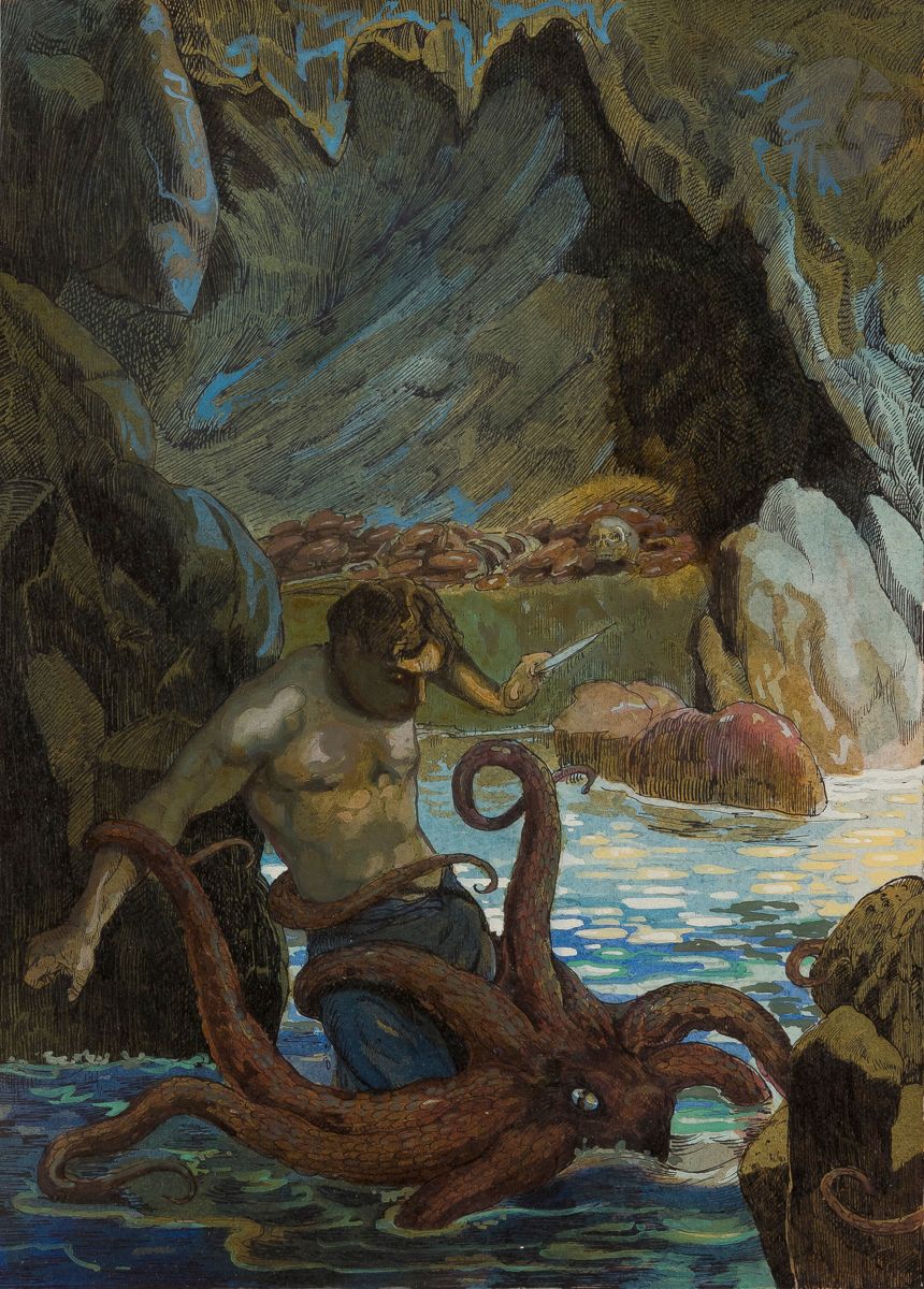 Maurice Jaubert de BECQUE (1878-1938)
Combat de Gilliat et la pieuvre - Illustration pour Les Travailleurs de la Mer de Victor Hugo
Encre et aquarelle.
Timbre de l’atelier au dos.
21 x 15 cm
