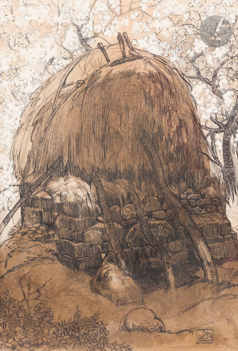 Maurice Jaubert de BECQUE (1878-1938)
Hutte et arbres en fleurs
Encre, lavis d’encre et rehauts de gouache blanche en relief.
Monogrammée en bas à droite.
19,5 x 13,5 cm