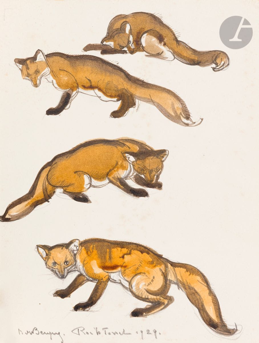 Maurice Jaubert de BECQUE (1878-1938
)Studies of a Fox,
1929Watercolor on pencil lines.
Signed and dated and located at the foot "roc 'h trevezel".
24,5 x 21 cm



