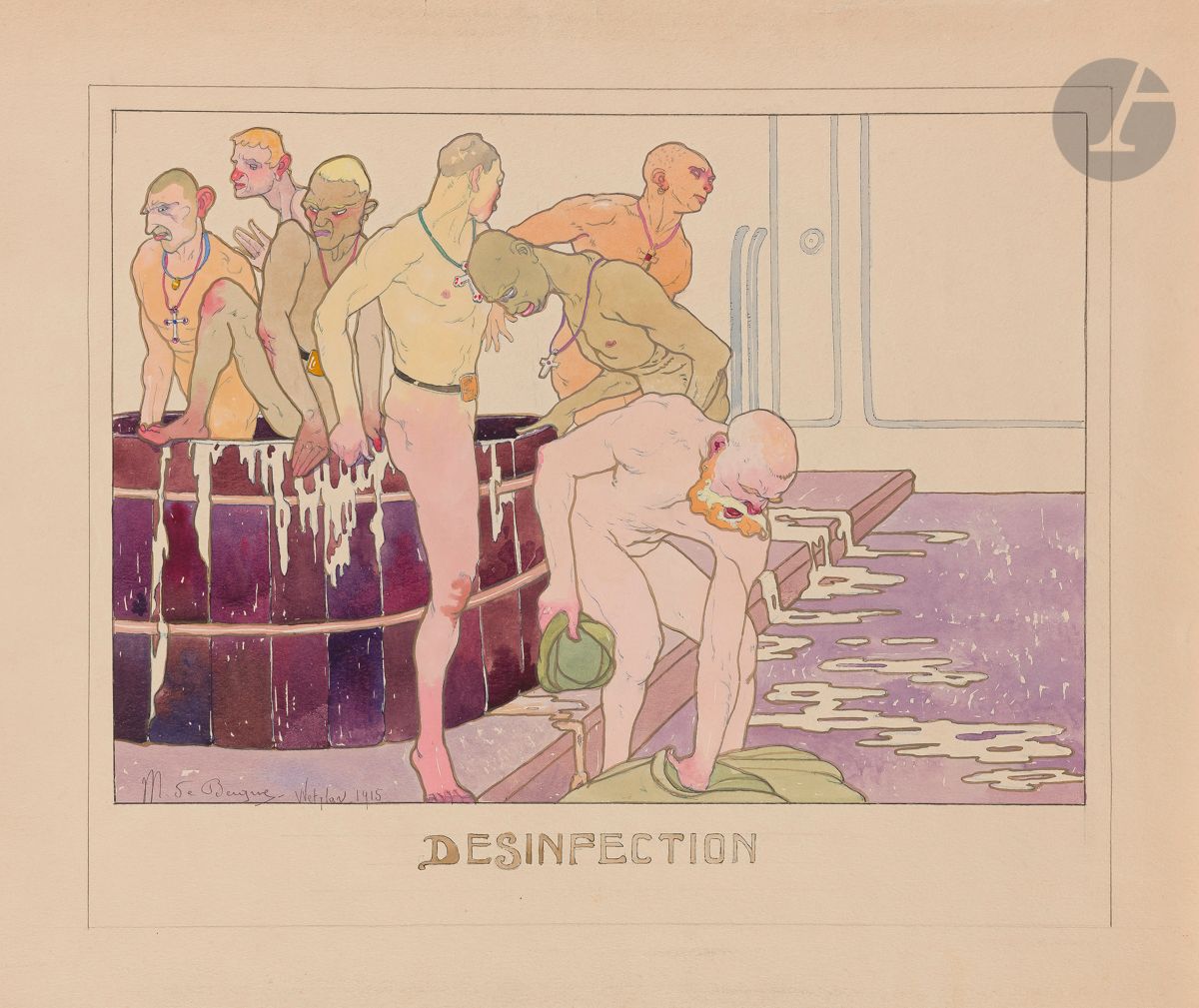 Maurice Jaubert de BECQUE (1878-1938)
Désinfection, 1915
Encre et aquarelle.
Signée, datée et située Wetzlar en bas à gauche.
23,5 x 33 cm