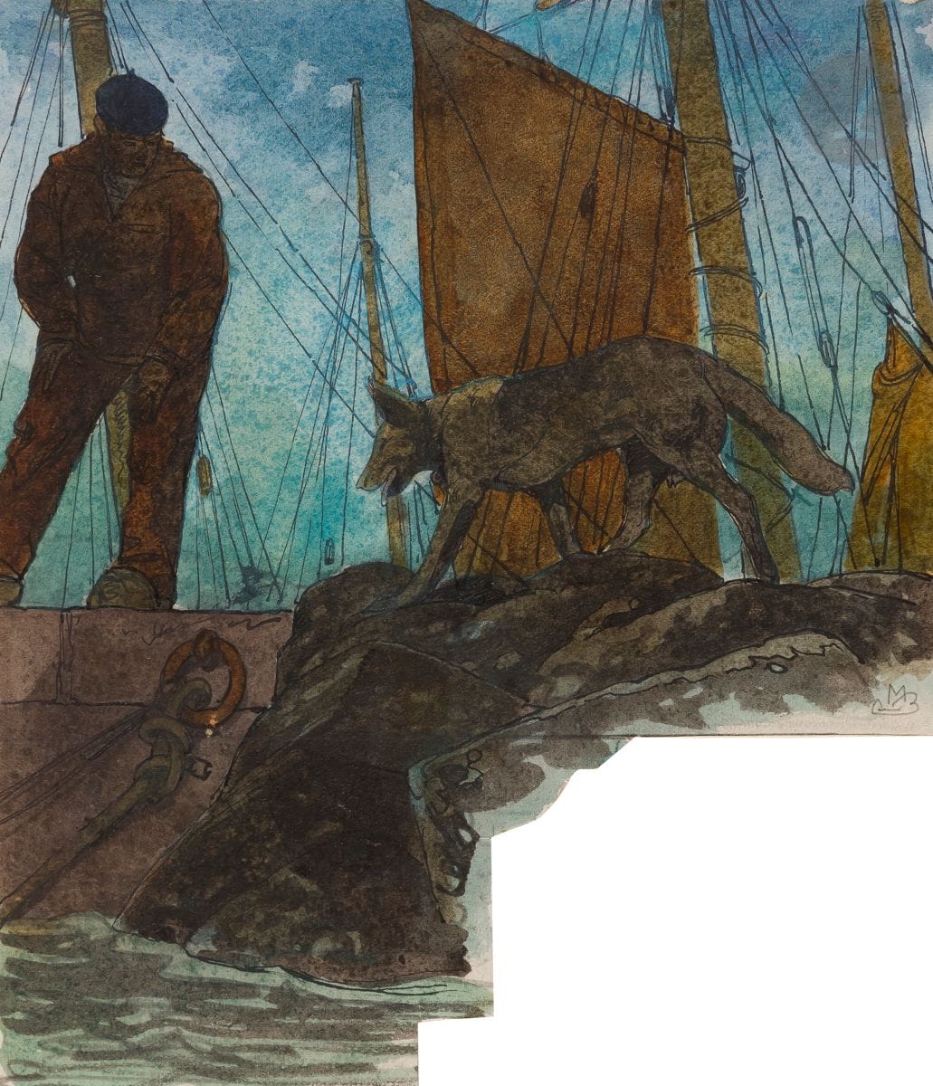 Maurice Jaubert de BECQUE (1878-1938)
Pêcheur breton au chien
Encre et aquarelle sur papier découpé.
Monogrammée.
16,5 x 14,5 cm