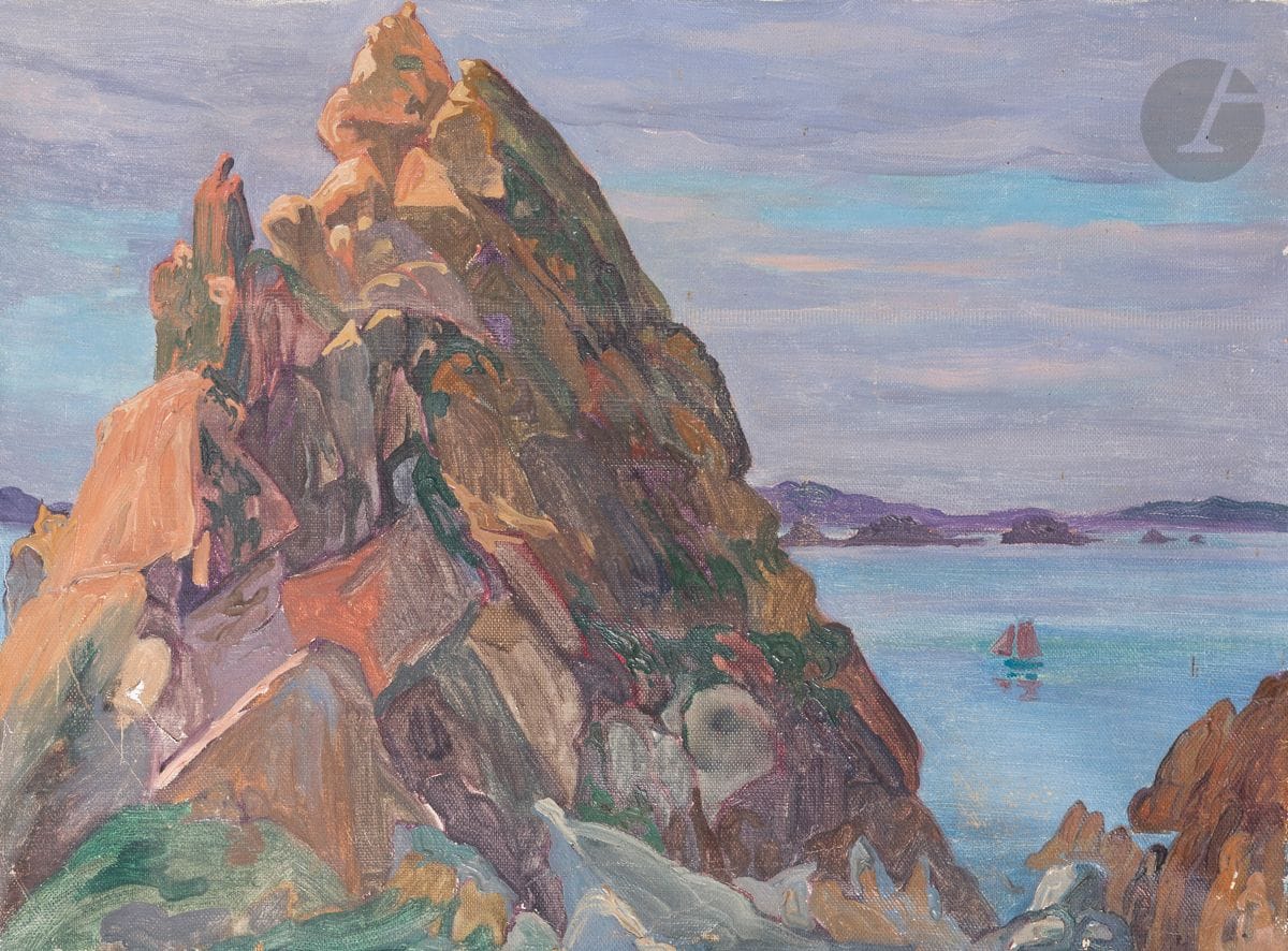 Maurice Jaubert de BECQUE (1878-1938)
Rochers et bord de mer au Diben
Huile sur toile.
Non signée.
(Accidents).
33 x 46 cm