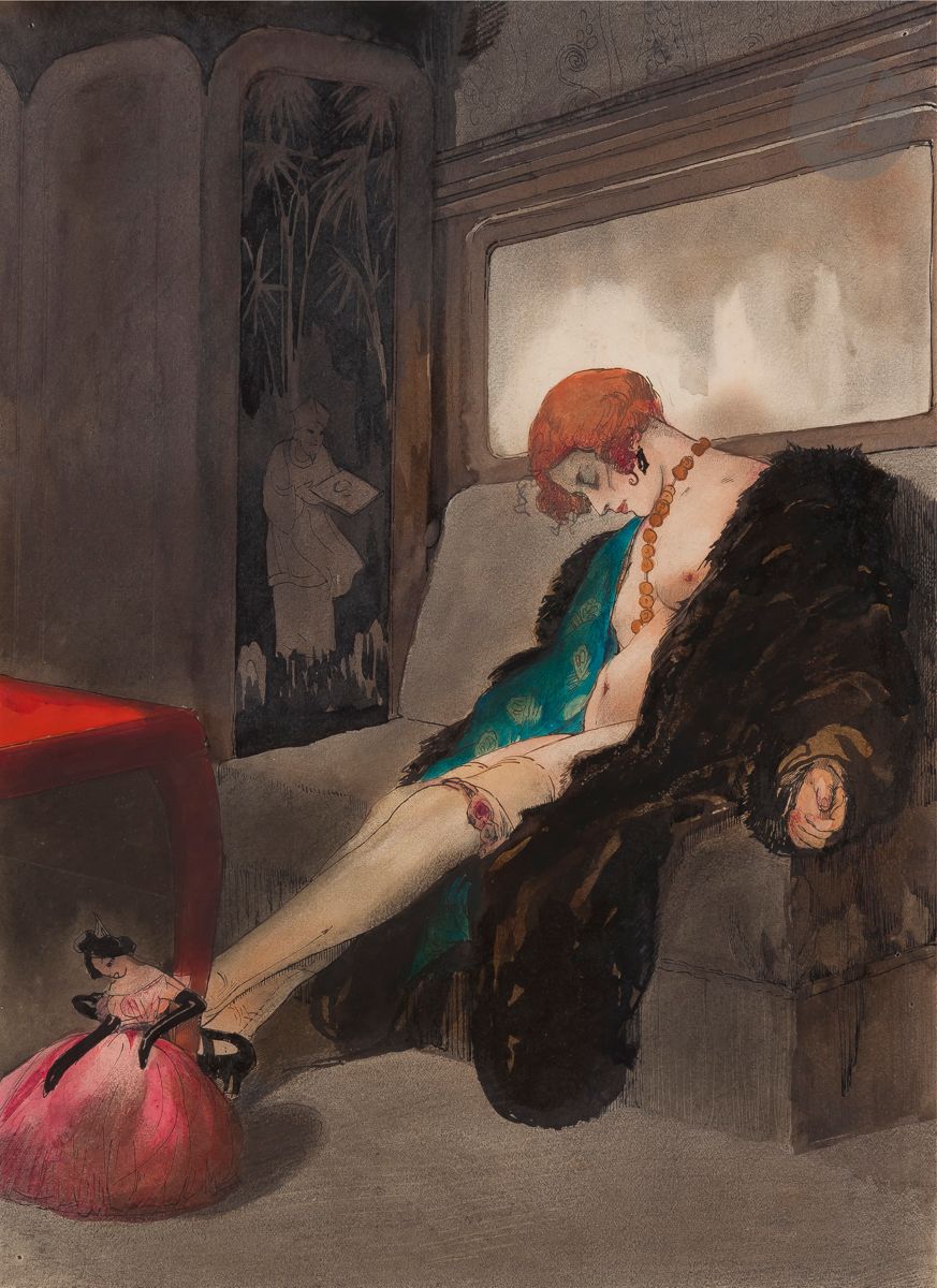 Maurice Jaubert de BECQUE (1878-1938)
Fille de joie à la poupée
Encre et aquarelle.
Timbre de l’atelier en bas à droite.
33 x 24 cm