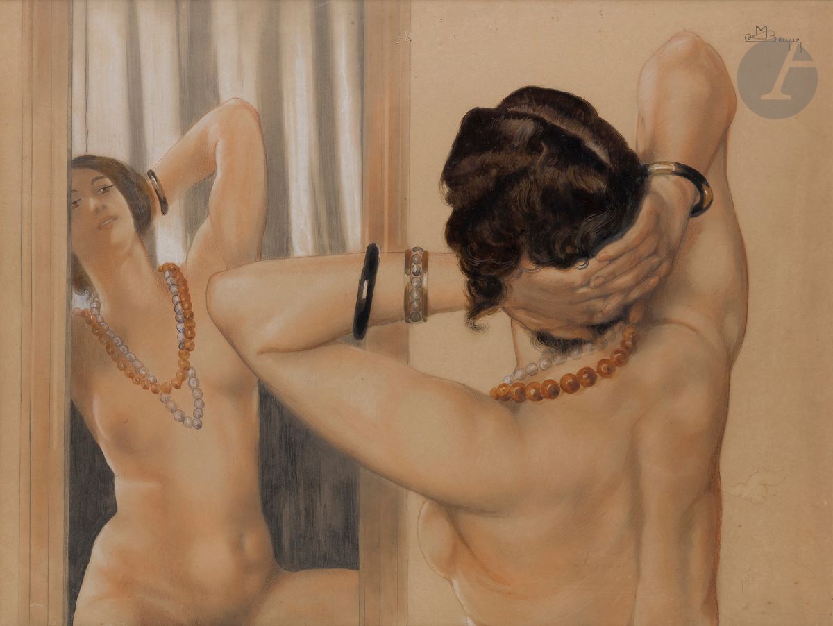 Maurice Jaubert de BECQUE (1878-1938
)Woman with a mirrorInk
, watercolor and gouache highlights on pencil lines.
Signed upper right.
48 x 63,5 cm



