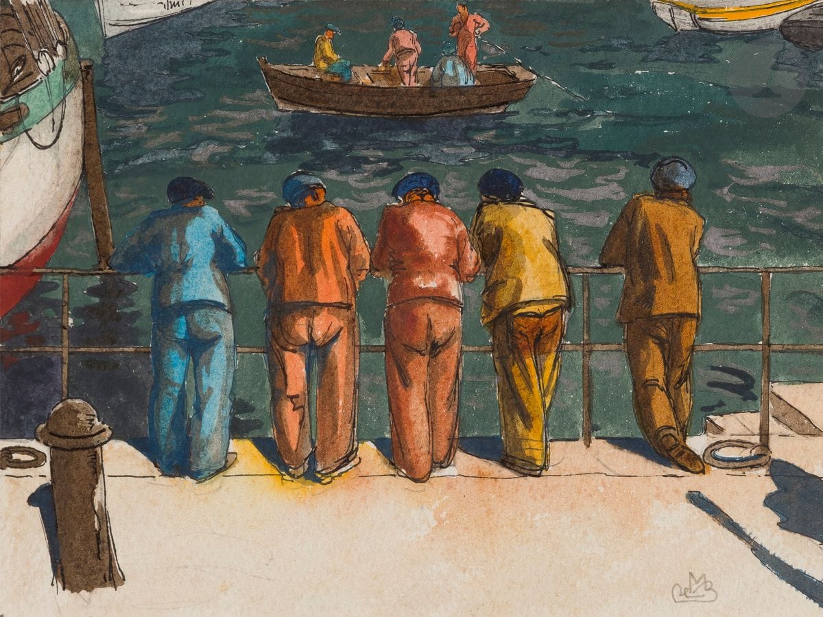 Maurice Jaubert de BECQUE (1878-1938)
Bretagne, marins à quai
Encre et aquarelle.
Monogrammée en bas à droite.
11 x 14,5 cm