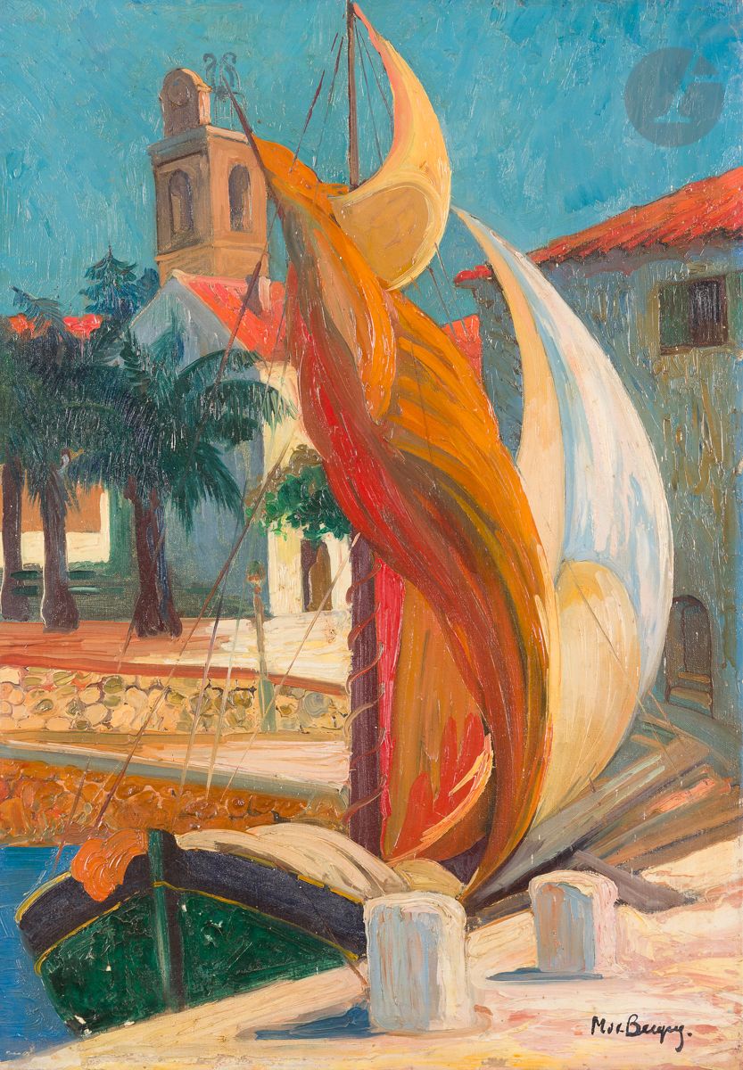 Maurice Jaubert de BECQUE (1878-1938)
Sainte-Maxime, le port et l’église
Huile sur toile.
Signée en bas à droite.
(Petits manques).
65 x 46 cm