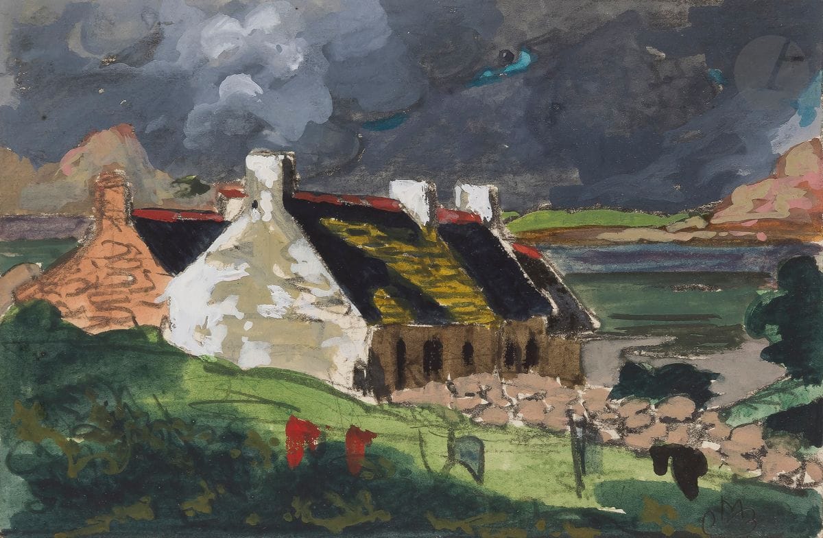 Maurice Jaubert de BECQUE (1878-1938)
Bretagne, maison en bord de mer
Encre, aquarelle et rehauts de gouache.
Monogrammée en bas à droite.
9,5 x 14,5 cm