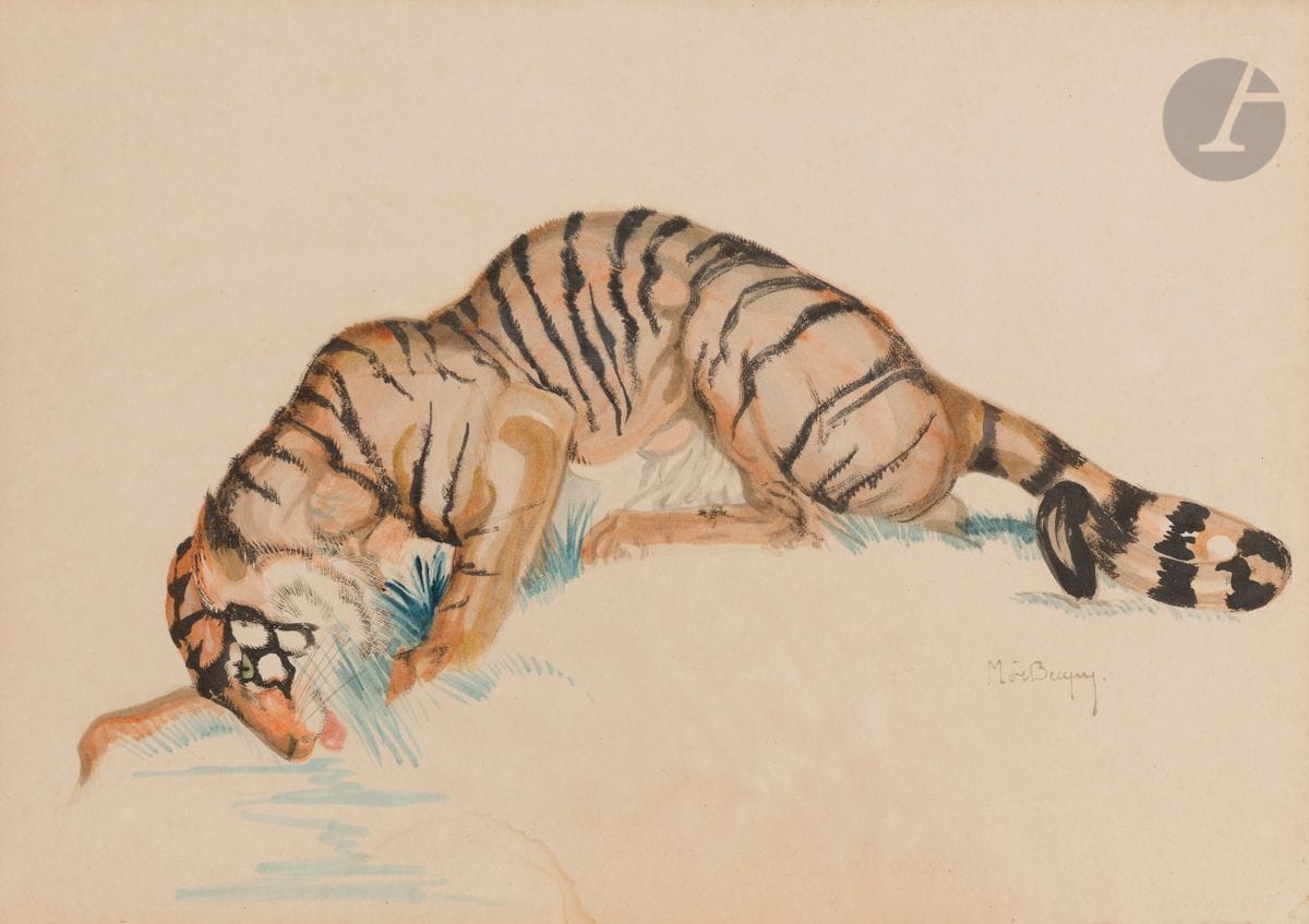 Maurice Jaubert de BECQUE (1878-1938
)Tiger drinkingInk
and watercolor.
Signed lower right.
26,5 x 37

cmPreparatory

study

for the Jungle Book





