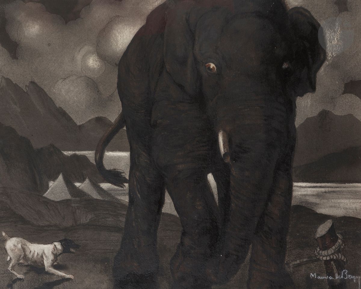 Maurice Jaubert de BECQUE (1878-1938
)Elephant with a dogInk
, ink wash and highlights of gouache and white stone.
Signed lower right.
46 x 57,5 cm



