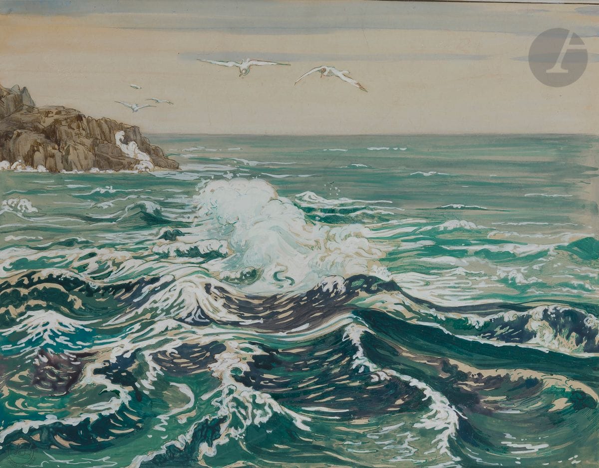 Maurice Jaubert de BECQUE (1878-1938)
Vague en Bretagne, 1930
Encre, aquarelle et gouache.
Timbre de l’atelier en bas à gauche.
37 x 46,5 cm