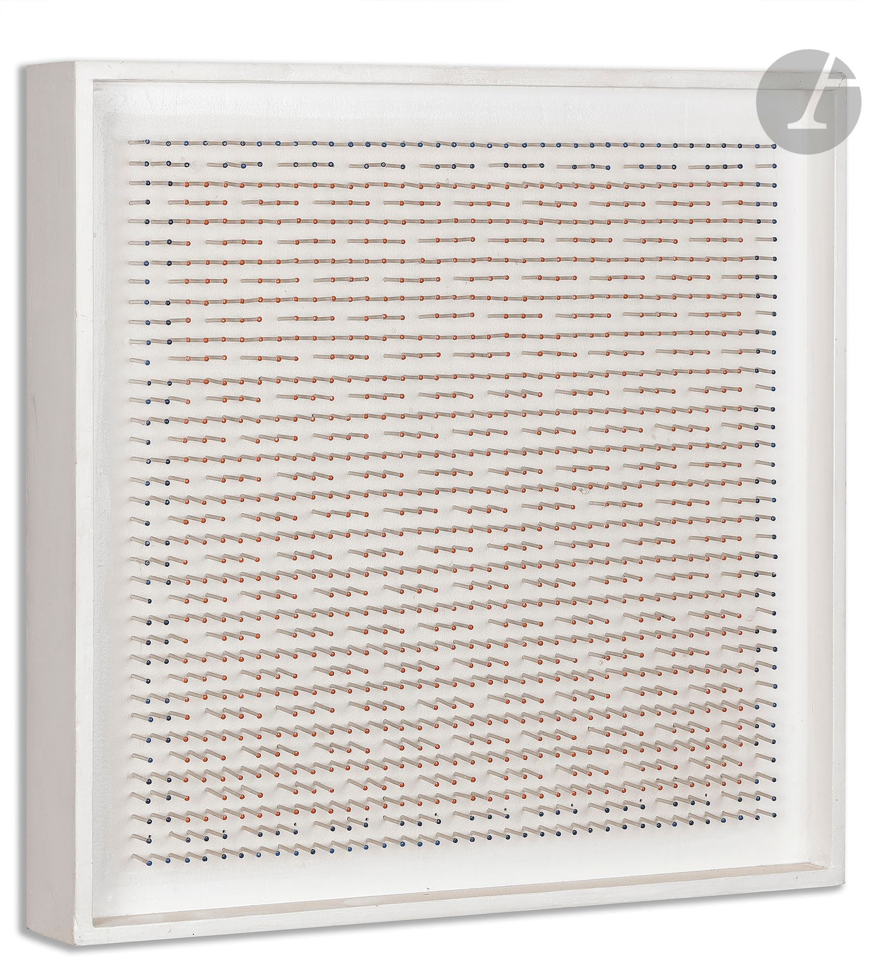 
César ANDRADE [Venezuelan] (born 1939



)Puntigrama 122, 1978Assemblage of



painted nails on panel.



Signed, dated and titled on the back.



(Chocs au panneau dans les angles et sur les bords).



44 x 44 cm








