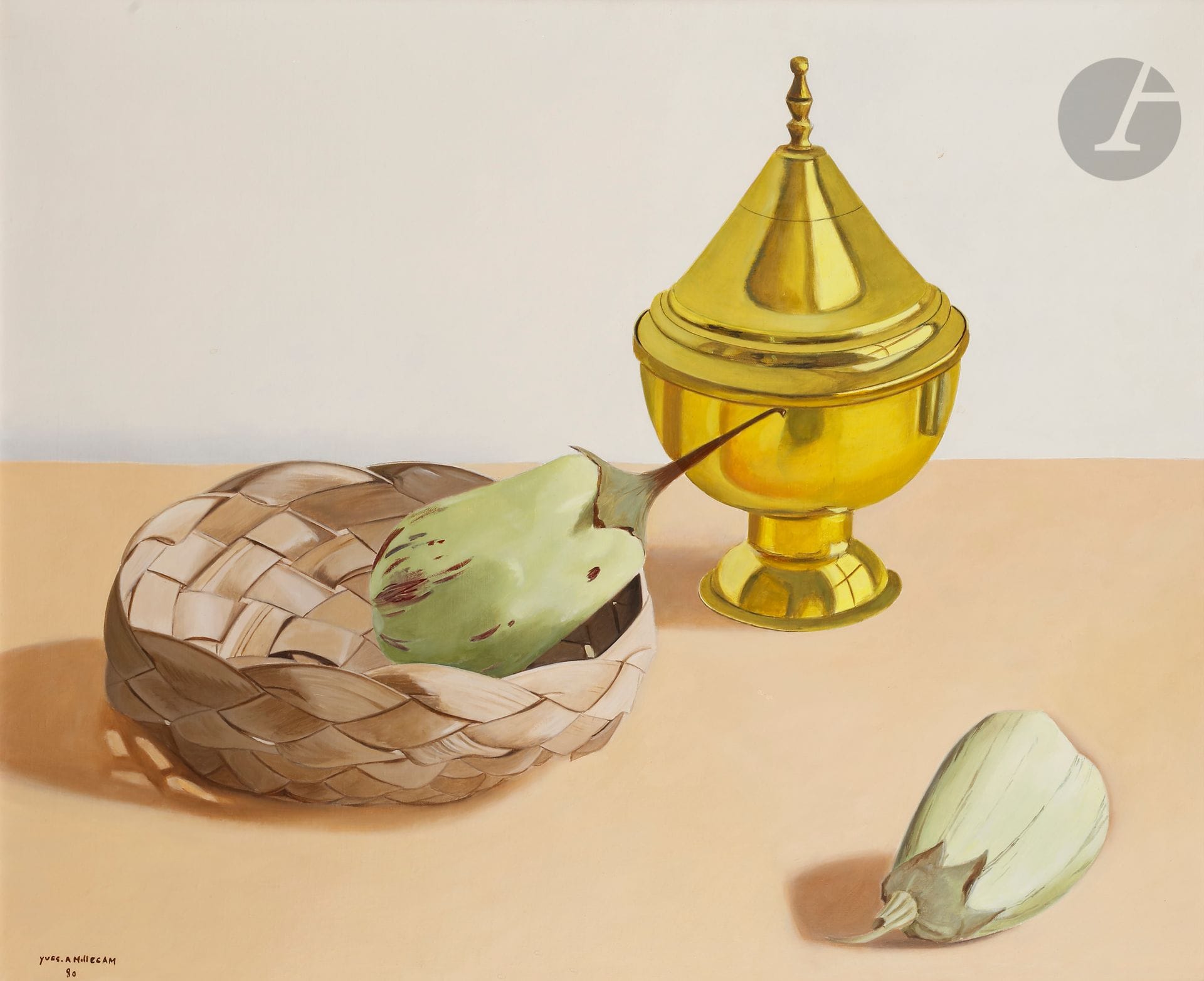 Yves-Armand MILLECAM (born 1933
)Still life with eggplants and copper dish, 1980Oil
on canvas.
Signed and dated lower left.
54 x 65 cm



