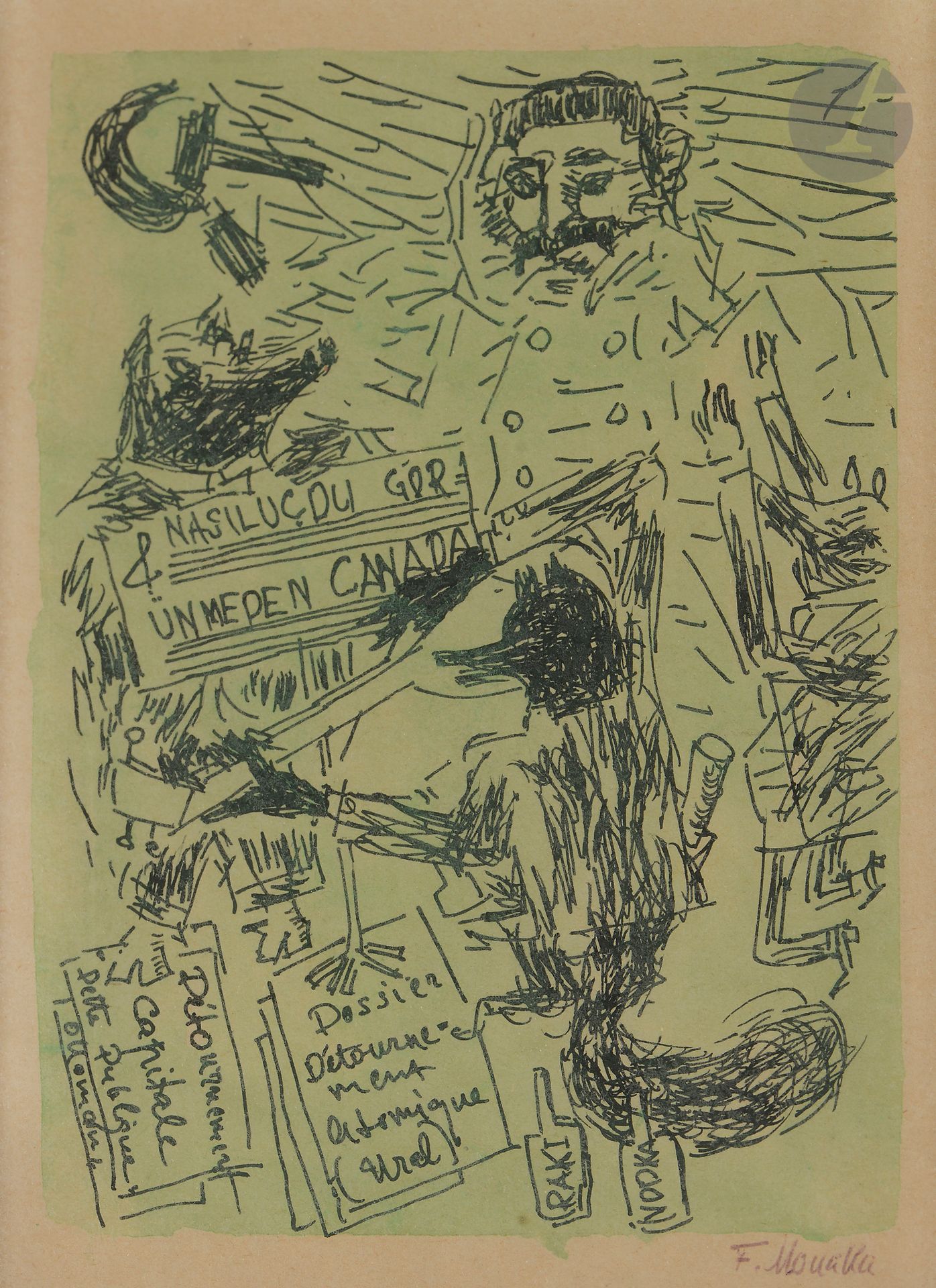Fikret MOUALLA [turc] (1905-1967)
Autour de Staline, vers 1951-52
Encre sur fond aquarellé.
Signée en bas à droite.
16 x 12 cm