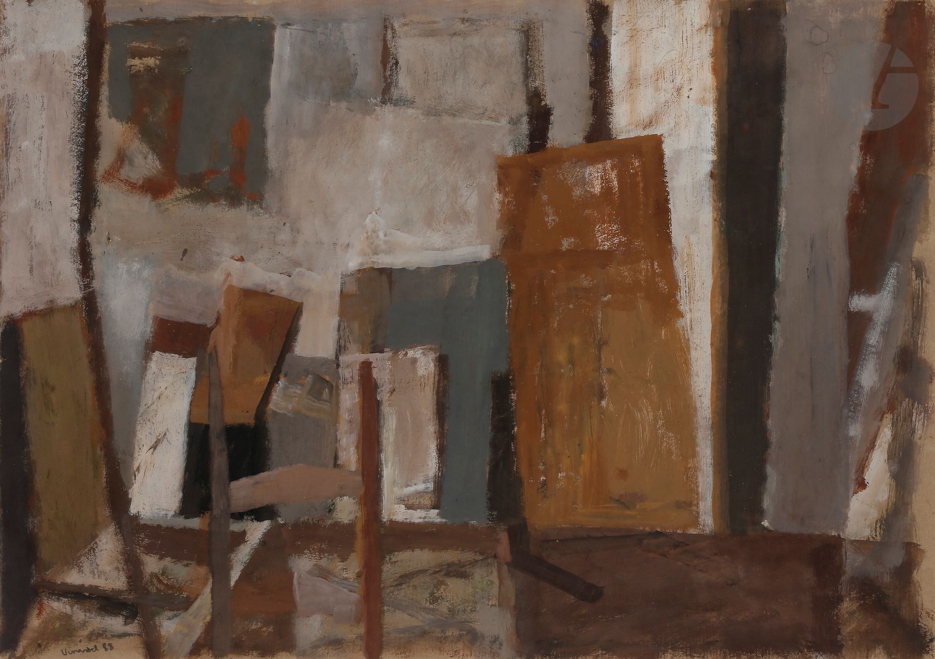 Pascal VINARDEL (né en 1951)
L'Atelier, 1988
Huile sur papier.
Signée et datée en bas à gauche.
41,5 x 58,5 cm

Provenance : 
Galerie Ditesheim, Neuchâtel (étiquette au dos).