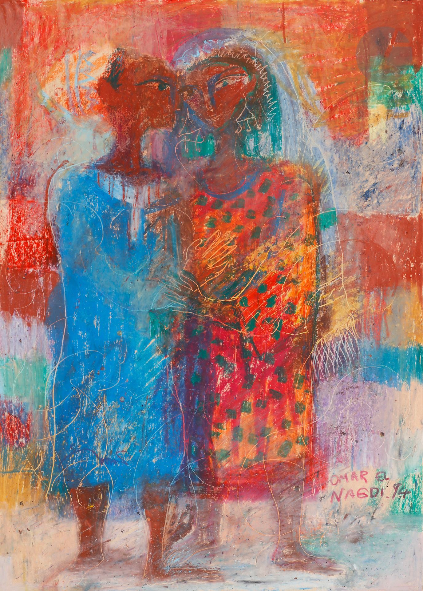Omar EL NAGDI [égyptien] (né en 1931)
Le Couple, 1994
Crayon gras et grattage.
Signé et daté en bas à droite.
70 x 50 cm